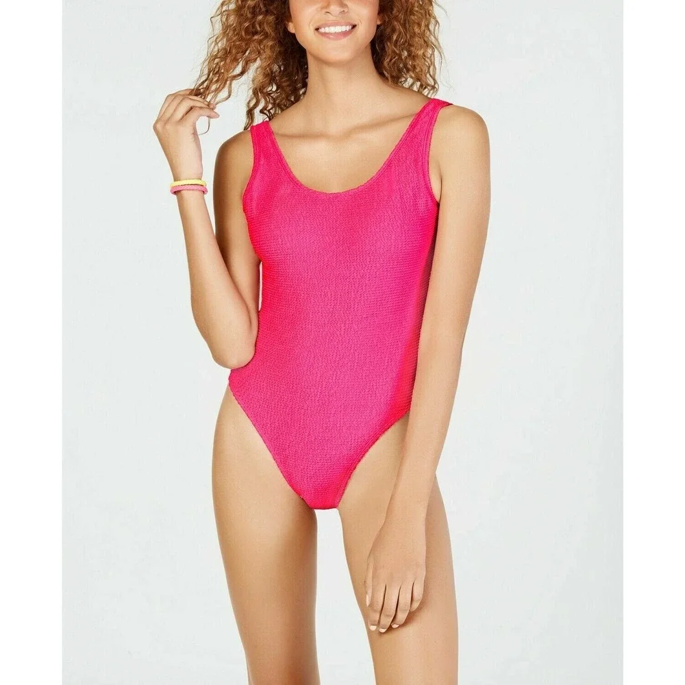 Hula Honey Juniors Pucker Up Textured High Leg One-Piece Swimsuit Pink Sz S‎ NWT